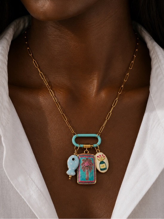Anthropologie Jewelry - New! Coastal 18K Gold Plated Palm Tree Fish Charm Carabiner Necklace NWOT